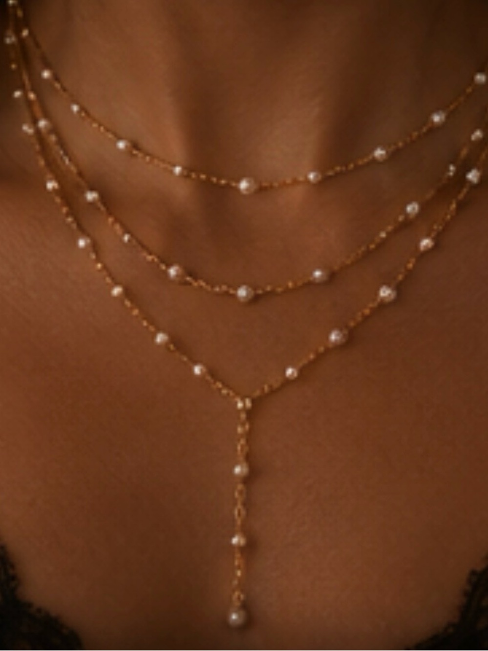 Gold 3 Layered Pearl Y Drop Necklace - Women Jewelry